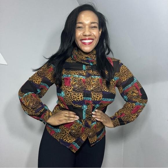 Vintage maximalist leopard top animal patchwork AOP blouse mobwife eccentric art - Picture 5 of 9